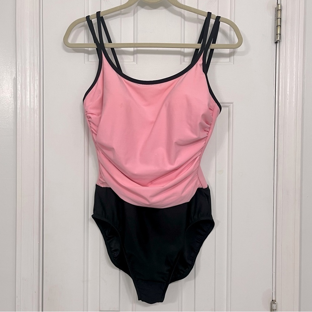 Trimshaper pink & black colorblock ruched modest 1 pc. modest swimsuit, size 12.
